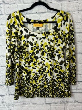 St. John Size S Yellow Black Animal Floral Print 3/4 Sleeve Knit Top Made USA
